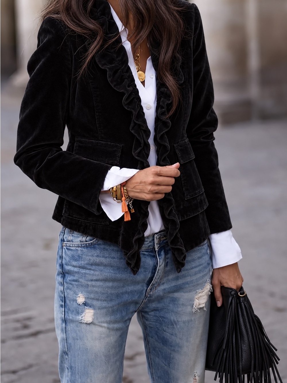 Free People Ruffle Stretch Velvet Blazer Size XS